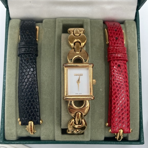 Vintage GUCCI Swiss Made Gold watch with Black/Red Bands w/ Original Boxes -HOT! - Picture 3 of 14